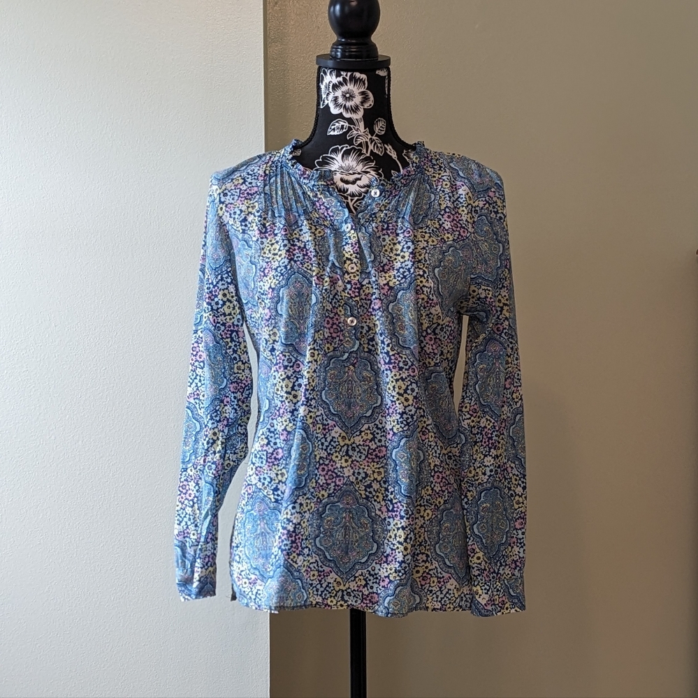 Talbots Petite Summer Ditsy Floral Popover Long Sleeve Blouse 100% Cotton